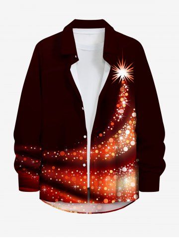 Chemisier Brillant avec Boutons à Imprimé Sapin de Noël Illuminé et Etoiles Grande-Taille pour Hommes - BLACK - 7XL