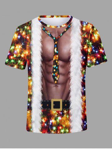 Plus Size Christmas Light Fleece Trim Tie Abdominal Muscles Glitter 3D Print T-shirt - MULTI-A - 6XL