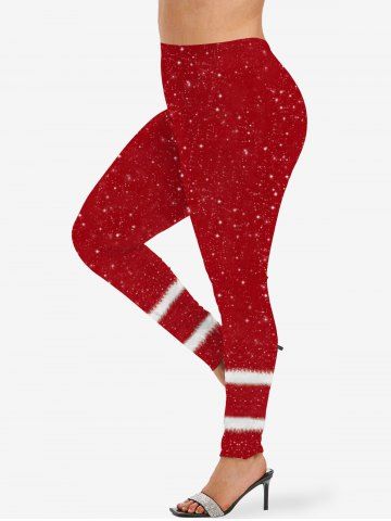 Plus Size Christmas Fleece Trim Star Glitter 3D Print Leggings - RED - XS