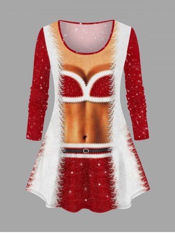 Plus Size Christmas Fleece Trim Bra Star Glitter 3D Print T-shirt - RED - M