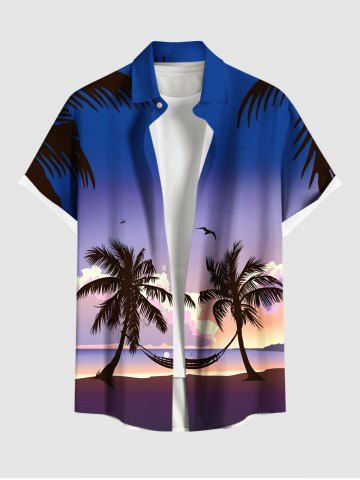 Plus Size Coconut Tree Bird Cloud Hammock Print Buttons Pocket Hawaii Shirt For Men - BLUE - 4XL