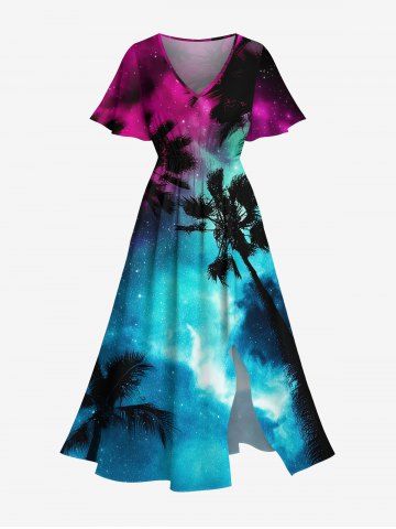 Robe Mi-Longue Hawaïen Ligne A Ombrée Cocotier et Galaxie Imprimés de Grande Taille avec Poche - MULTI-A - XS