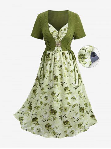 Plus Size Lace Up Ribbed Texrured Top and Flower Leaf Print Twist Cami Dress - GREEN - 3X | US 22-24