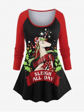 Plus Size Christmas Holly Leaves Unicorn Stars Letters Print Long Sleeves T-shirt - RED - XS