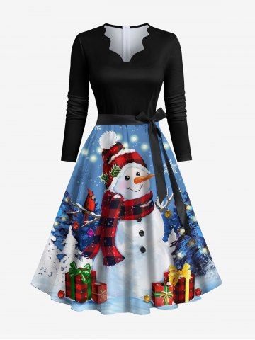 Plus Size Christmas Tree Light Snowflake Snowman Gift Print Scalloped Neck A Line Dress with Tied Belt - BLUE - 4XL