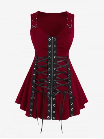 Lace Up Grommets Full Zipper Gothic Tank Top - DEEP RED - 3X | US 22-24