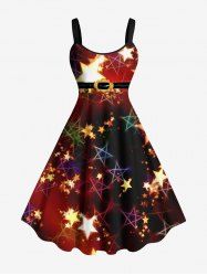 Plus Size Christmas Ombre Glitter Stars Belt Print A Line Dress -  