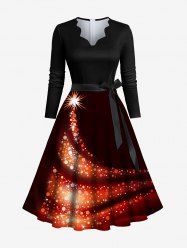 Plus Size Christmas Tree Star Light Beam Glitter 3D Print Scalloped V Neck Dress With A Belt -  