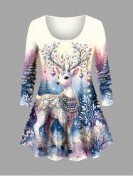 Plus Size Christmas Tree Elk Light Glitter 3D Print T-shirt -  