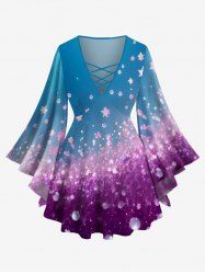 Plus Size Ombre Stars Painting Splatter Print Lattice Long Sleeves T-shirt -  