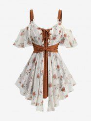 Plus Size Cold Shoulder Rose Flower Print Jacquard Embroidery Lace Up Belted 2 in 1 Blouse -  
