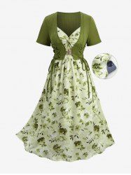 Plus Size Lace Up Ribbed Texrured Top and Flower Leaf Print Twist Cami Dress -  