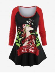 Plus Size Christmas Holly Leaves Unicorn Stars Letters Print Long Sleeves T-shirt -  