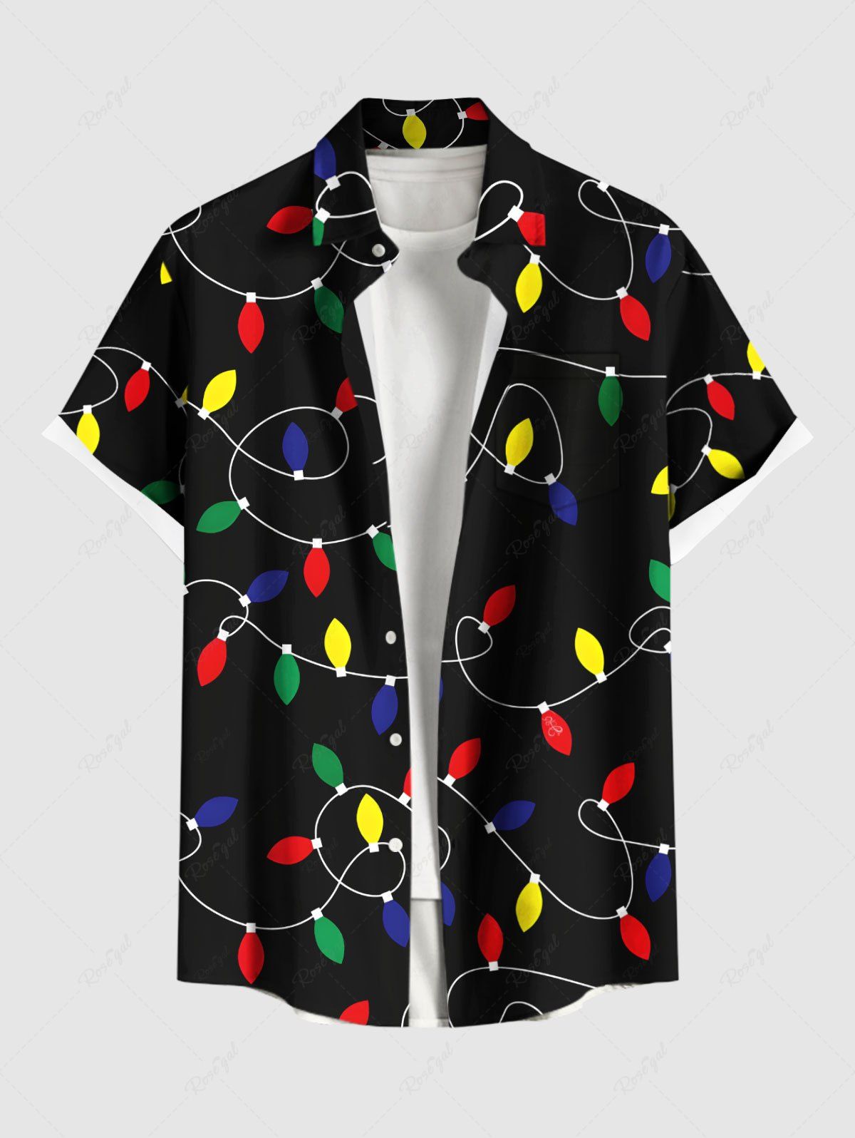 Chemise avec Boutons à Imprimé Lumières Colorées et Poches de Noël Grande-Taille pour Hommes Noir 3XL