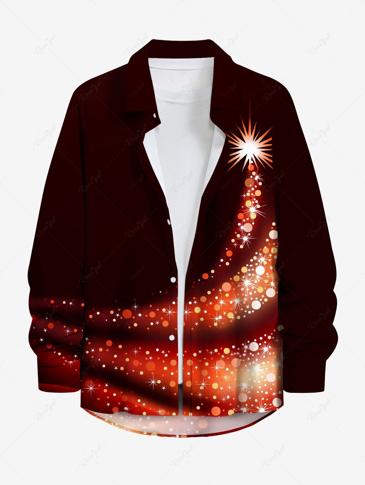 Chemisier Brillant avec Boutons à Imprimé Sapin de Noël Illuminé et Etoiles Grande-Taille pour Hommes Noir 5XL