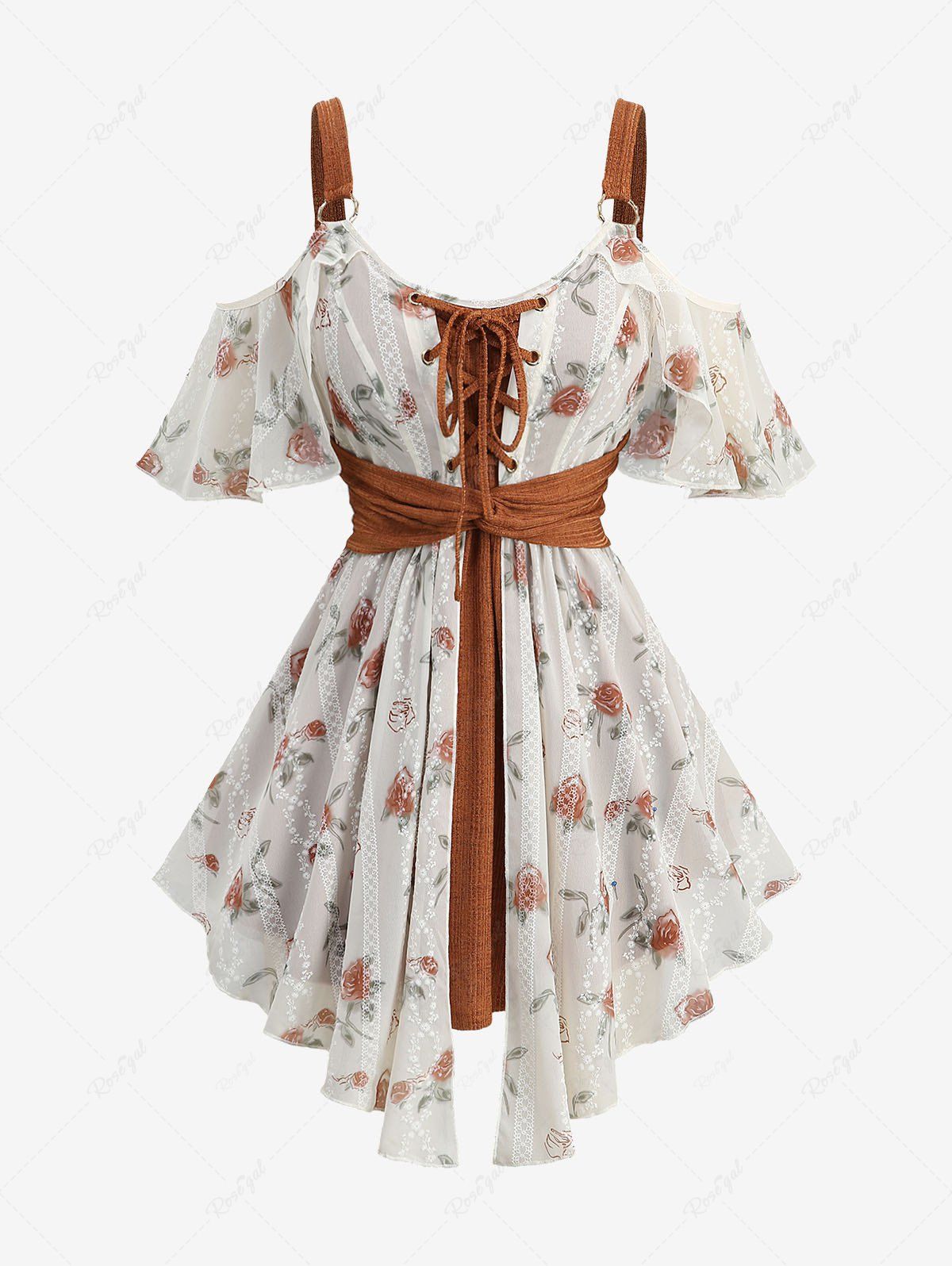 Best Plus Size Cold Shoulder Rose Flower Print Jacquard Embroidery Lace Up Belted 2 in 1 Blouse  