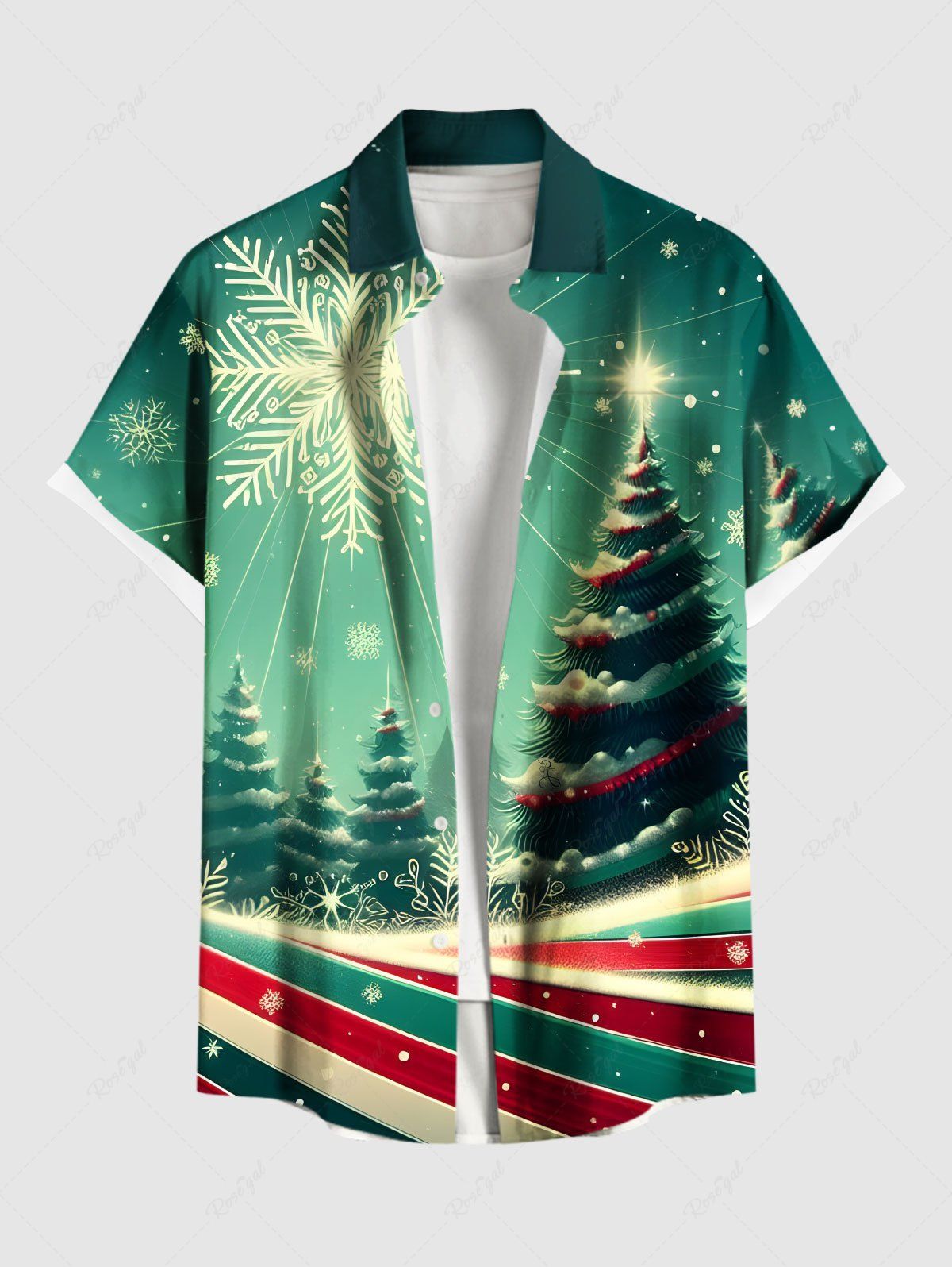 Unique Plus Size Christmas Tree Snowflake Colorful Striped Print Ombre Button Pocket Shirt For Men  