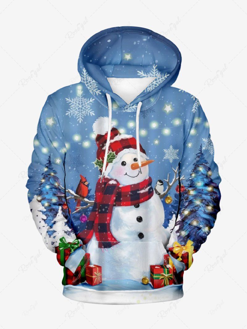 Sweat à capuche à manches longues pour homme, motif sapin de Noël, flocon de neige, bonhomme de neige, poche avec cordon de serrage Bleu M