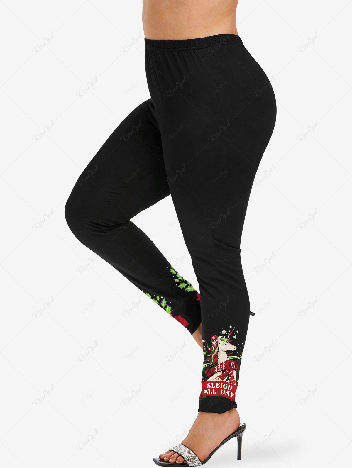 Leggings de Noël grande taille à imprimé feuilles de houx, licorne, étoiles et lettres Noir XS