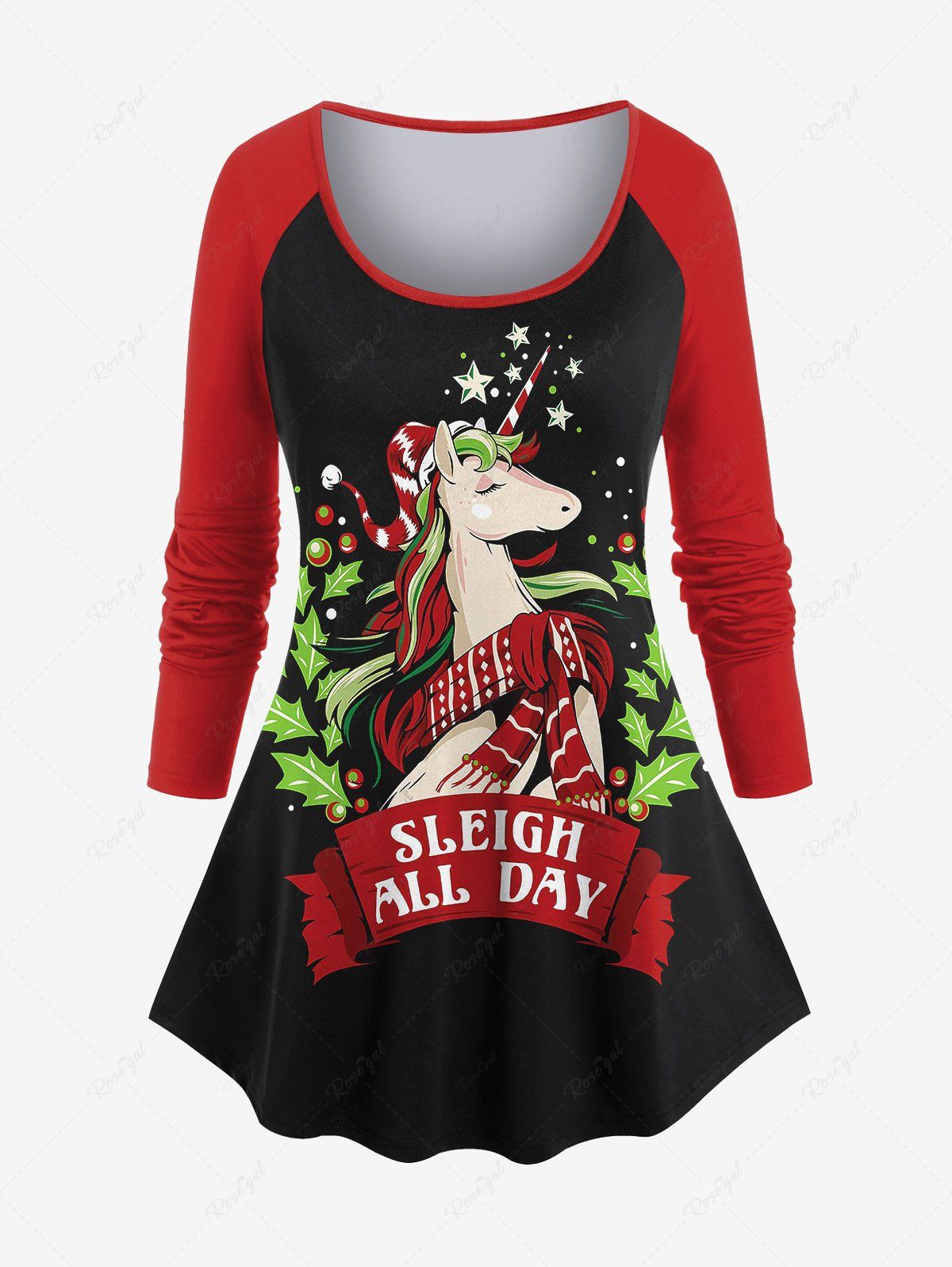 Shop Plus Size Christmas Holly Leaves Unicorn Stars Letters Print Long Sleeves T-shirt  