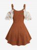 Plus Size Cold Shoulder Rose Flower Print Jacquard Embroidery Lace Up Belted 2 in 1 Blouse -  