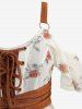 Plus Size Cold Shoulder Rose Flower Print Jacquard Embroidery Lace Up Belted 2 in 1 Blouse -  