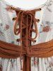 Plus Size Cold Shoulder Rose Flower Print Jacquard Embroidery Lace Up Belted 2 in 1 Blouse -  