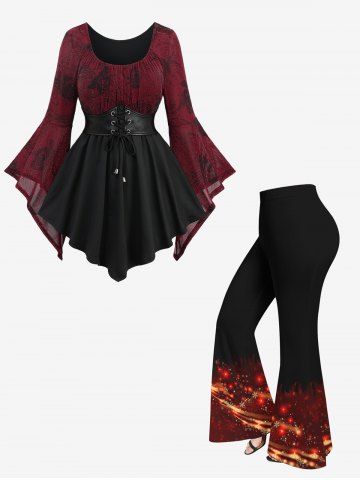 Glitter Rose Flower Print Lace Up Top and Christmas Snowflake Print Flare Pants Plus Size Outfit - RED