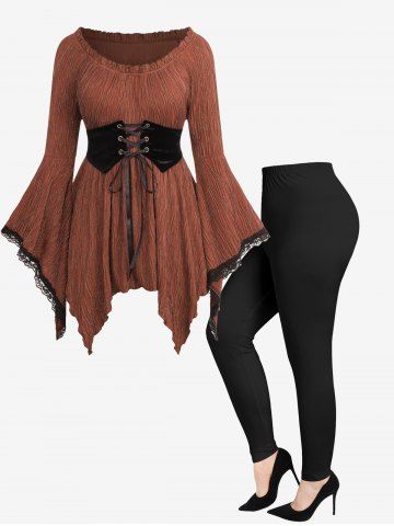 Glitter Ribbed Textured Flare Sleeves Lace Trim Lace Up Asymmetric Corset Top and Basic Skinny Pull On Leggings Plus Size Outfit - DEEP COFFEE