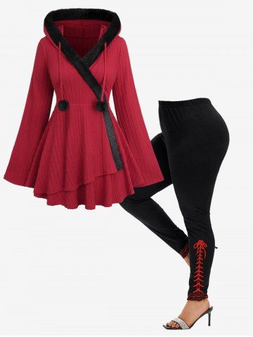 Fur Trim Panel Fluffy Ball Drawstring Textured Asymmetric Long Sleeves Hooded Knit Sweater and Skinny Leggings Plus Size Outfit - DEEP RED