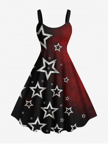 Plus Size Christmas Pentagram Star Print Tie Dye Ombre A Line Tank Dress - RED - S