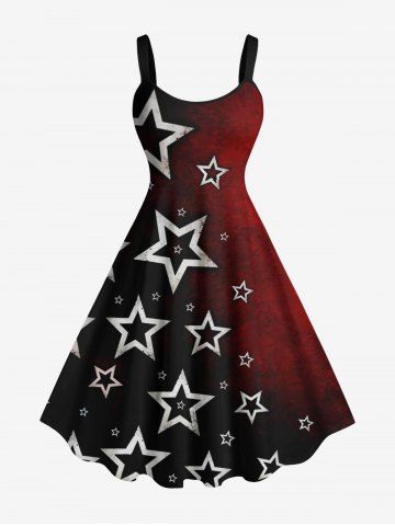 Plus Size Christmas Pentagram Star Print Tie Dye Ombre A Line Tank Dress - RED - 4X