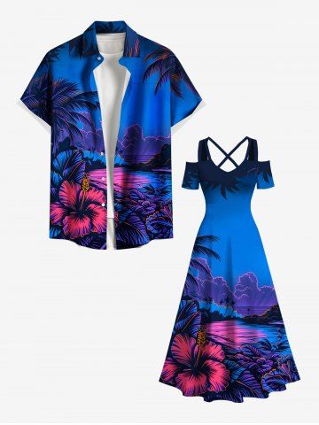 Tenue de Plage Grande Taille Imprimé Nuage Floral et Arbre Noix de Coco Hawaii - BLUE