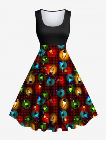 Plus Size Colorful Christmas Light Plaid Print Vintage Swing A Line Dress - MULTI-A - M