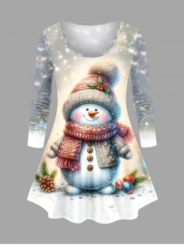 Plus Size Christmas Snowman Hat Scarf Snowflake Star Glitter 3D Print T-shirt - WHITE - L