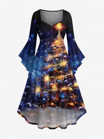 Plus Size Christmas Tree Ball Star Light Galaxy Glitter 3D Print Ruched Flare Sleeve High Low Dress - DEEP BLUE - M