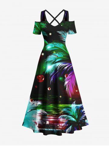 Plus Size Colorful Ombre Coconut Tree Water Drop Stars Print Hawaii Crisscross A Line Maxi Dress - MULTI-A - 6X