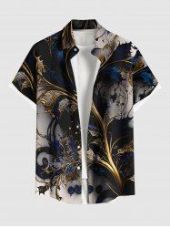 Plus Size Metallic Flowers Leaf Print Buttons Pocket Hawaii Shirt For Men -  