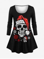 Plus Size Christmas Hat Skull Snowflake Sparkling Sequin 3D Print T-shirt -  