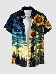 Plus Size Sunflower Planet Galaxy Print Hawaii Button Pocket Shirt For Men -  