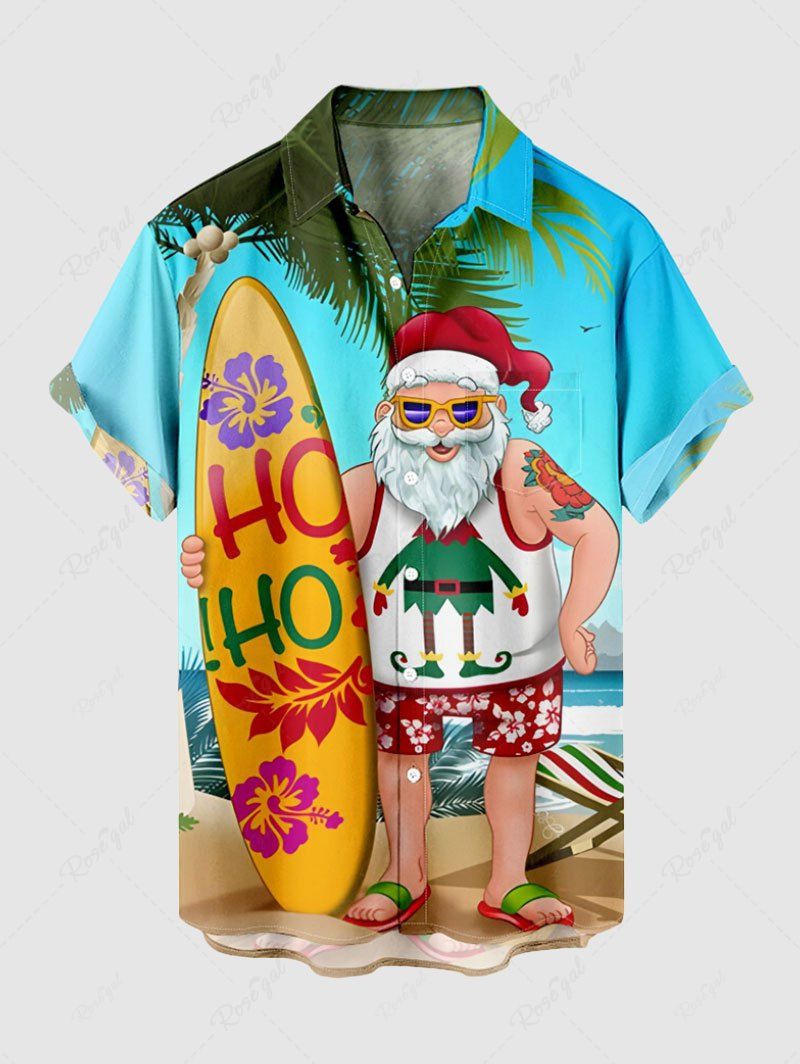 Fashion Plus Size Christmas Santa Claus Coconut Tree Seascape Print Buttons Pocket Shirt For Men  