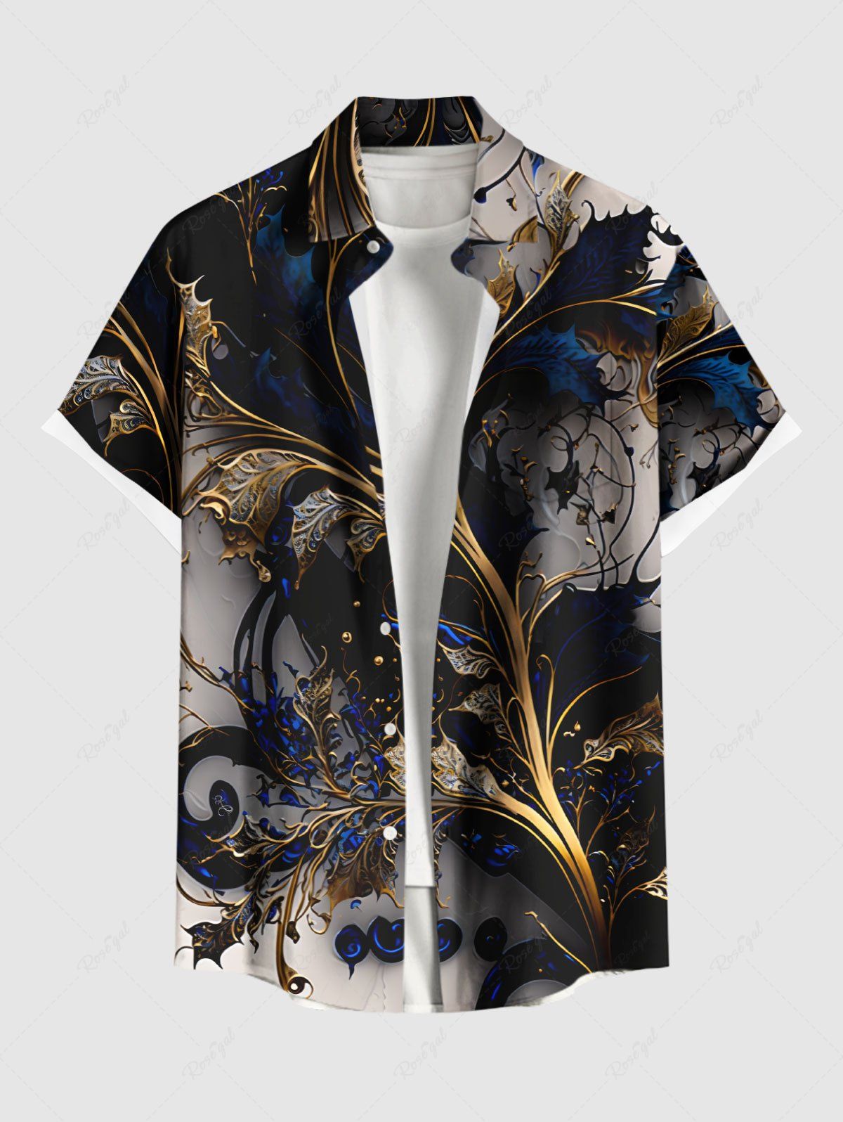 Fashion Plus Size Metallic Flowers Leaf Print Buttons Pocket Hawaii Shirt For Men  