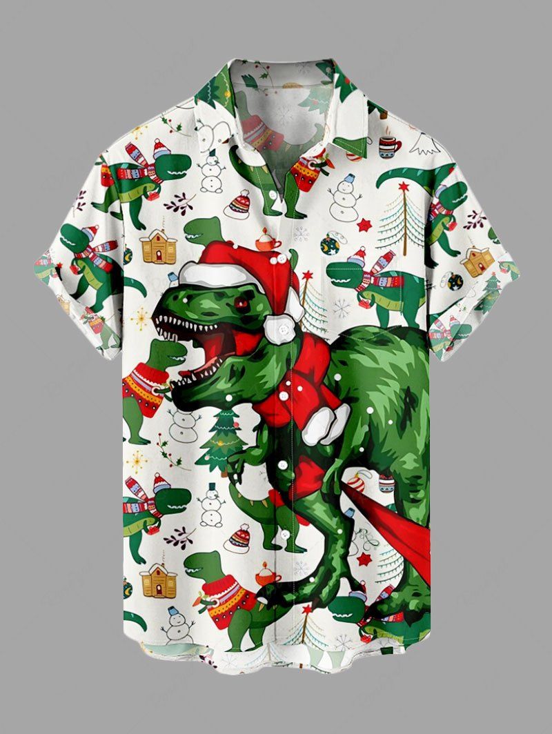 Shop Plus Size Christmas Tree Hat Dinosaur Snowman Ball Print Buttons Pocket Shirt For Men  