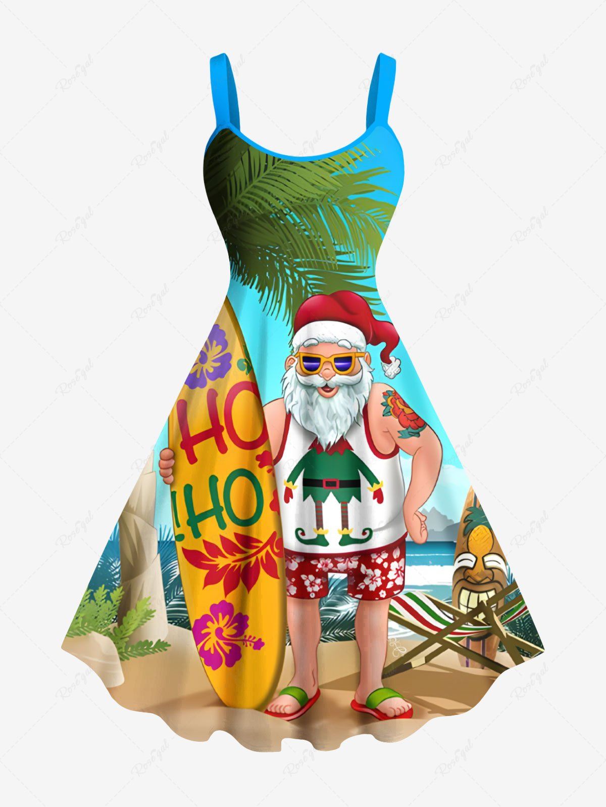 Buy Plus Size Christmas Santa Claus Coconut Tree Seascape Print Tank Dress  