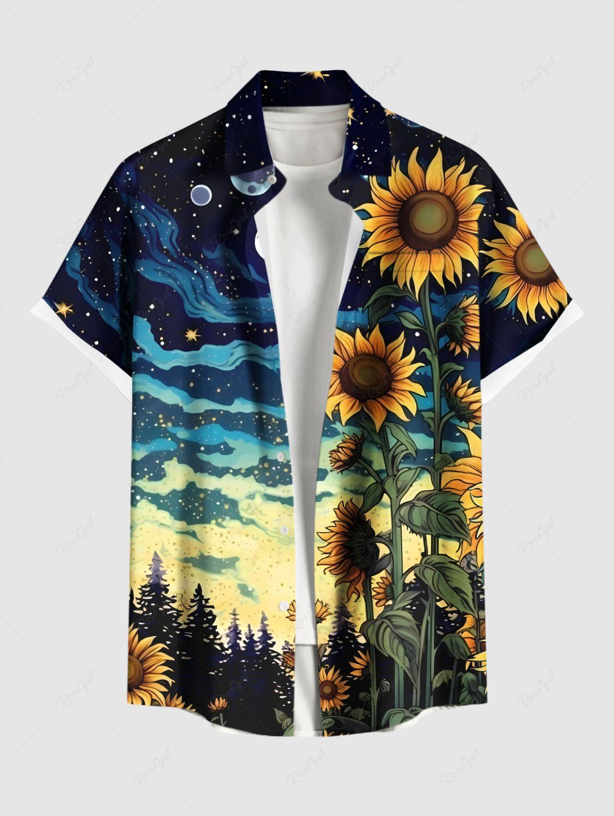 Hot Plus Size Sunflower Planet Galaxy Print Hawaii Button Pocket Shirt For Men  