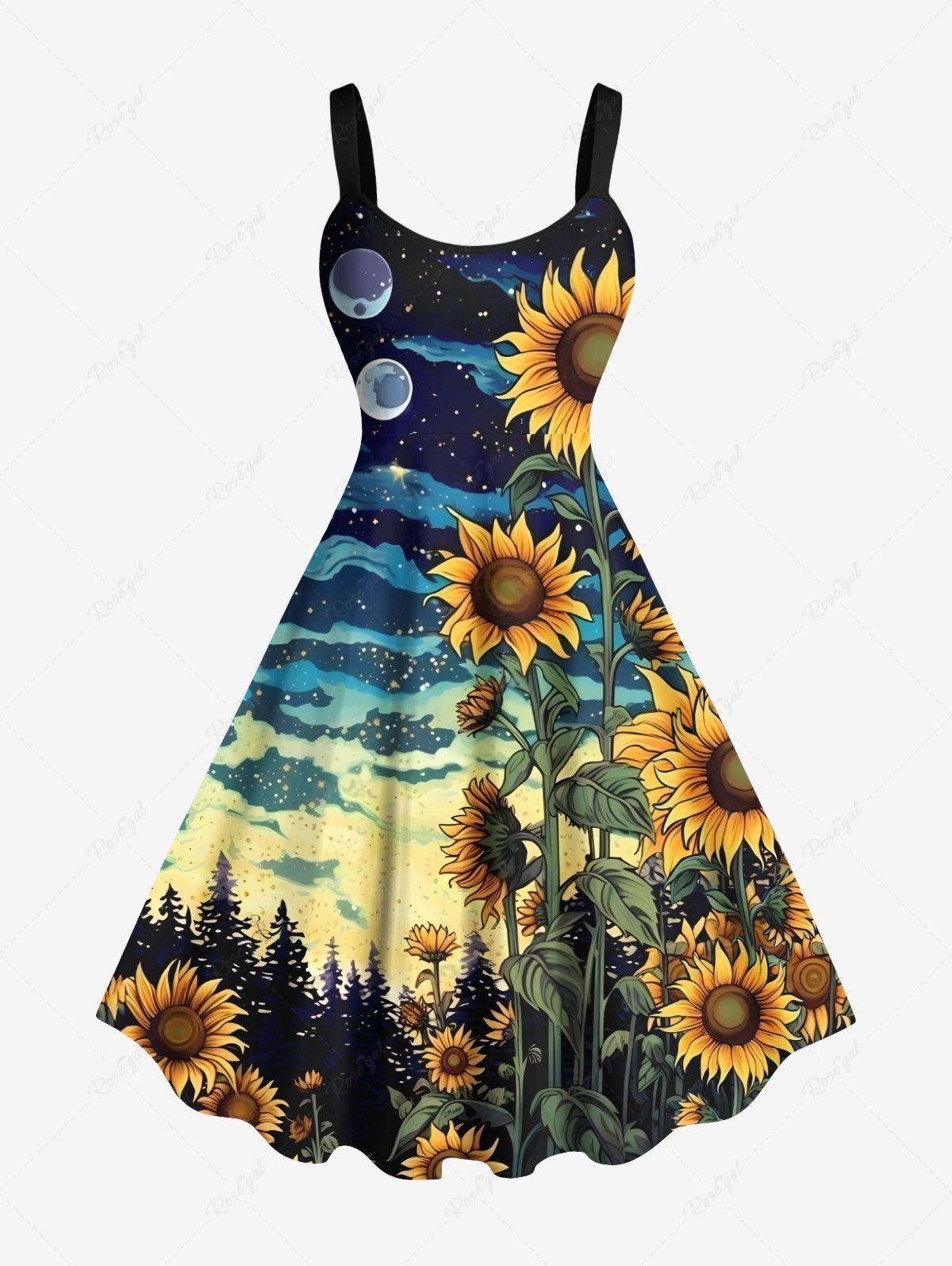 Outfit Plus Size Sunflower Planet Galaxy Print Hawaii A Line Dress  