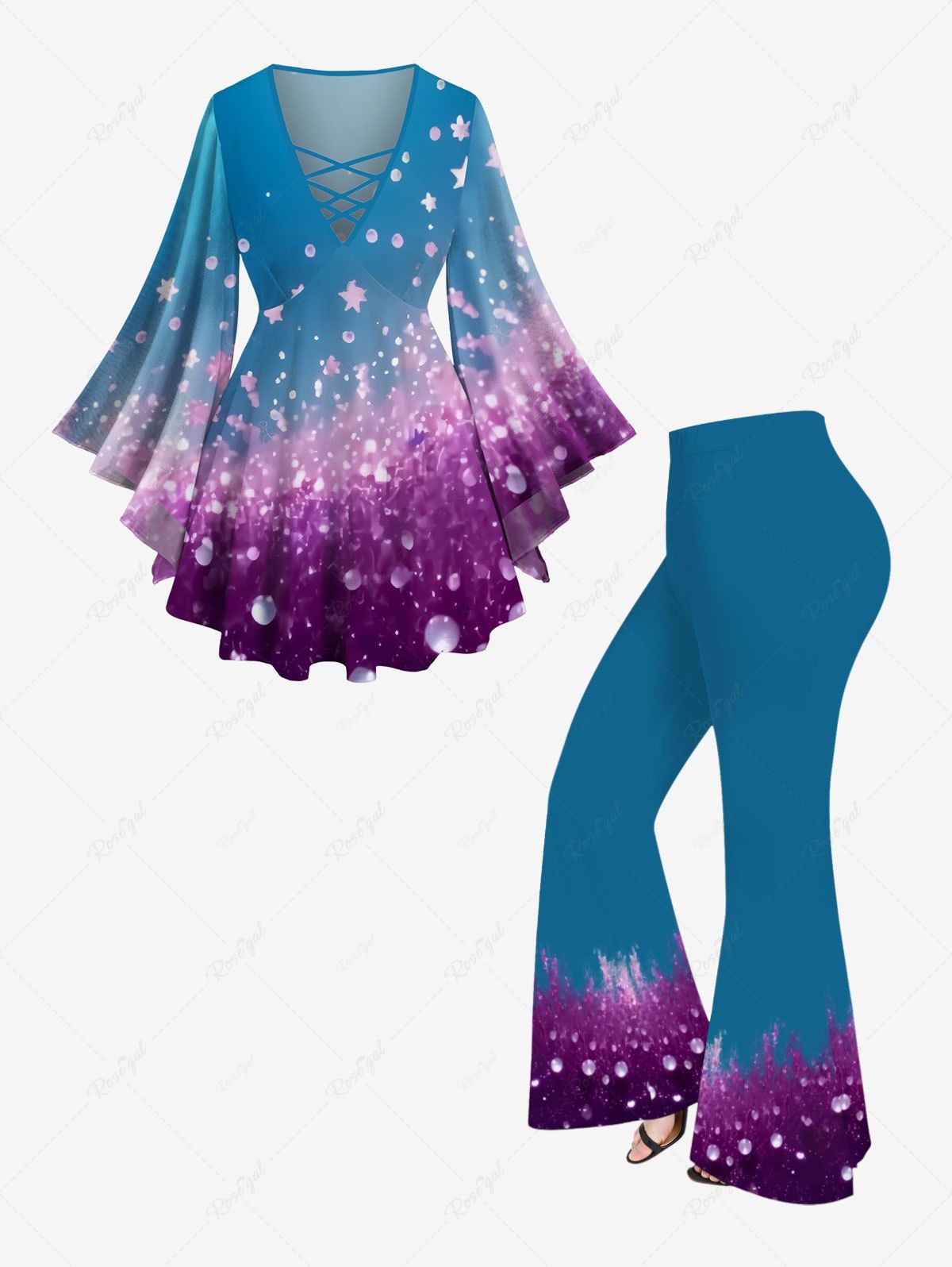 Shops Ombre Stars Painting Splatter Print Lattice Long Sleeves T-shirt and Flare Pants Plus Size Matching Set  