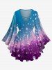 Ombre Stars Painting Splatter Print Lattice Long Sleeves T-shirt and Flare Pants Plus Size Matching Set -  