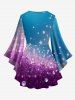 Ombre Stars Painting Splatter Print Lattice Long Sleeves T-shirt and Flare Pants Plus Size Matching Set -  