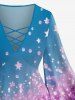 Ombre Stars Painting Splatter Print Lattice Long Sleeves T-shirt and Flare Pants Plus Size Matching Set -  